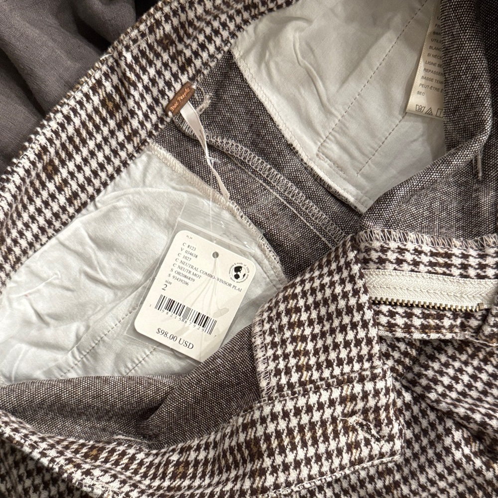 Free People Molly Slim Pants Neutral Combo Winsor Plaid Size 2 Brown Trouser
